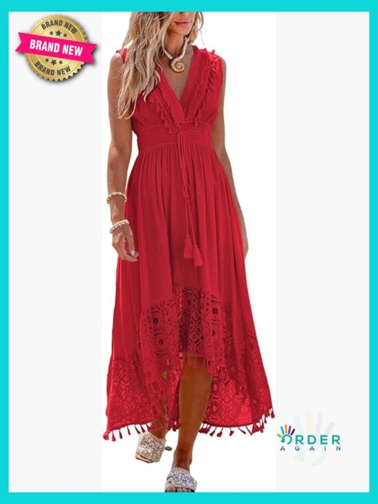 Dresses & Skirts - V Neck Sleeveless Lace Tassel Smocked Waist Maxi Dress Boho Beach Formal Long